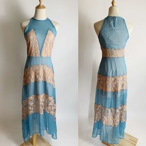 NWT FOXIEDOX Blue Lace and Chiffon Maxi Dress S